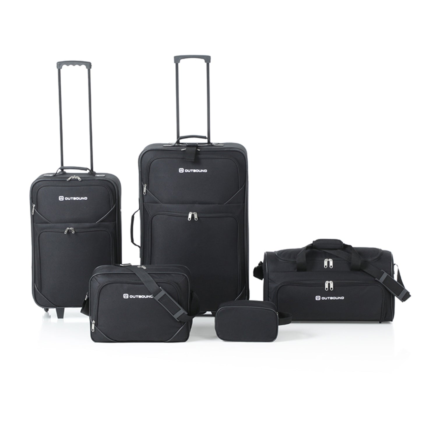 OUTBOUND 5-Piece Softside Wheeled Travel Luggage Set, Includes 26" & 21" Upright Suitcases, Duffel Bag, Boarding Tote & Toiletry Kit - Black - DIY Store