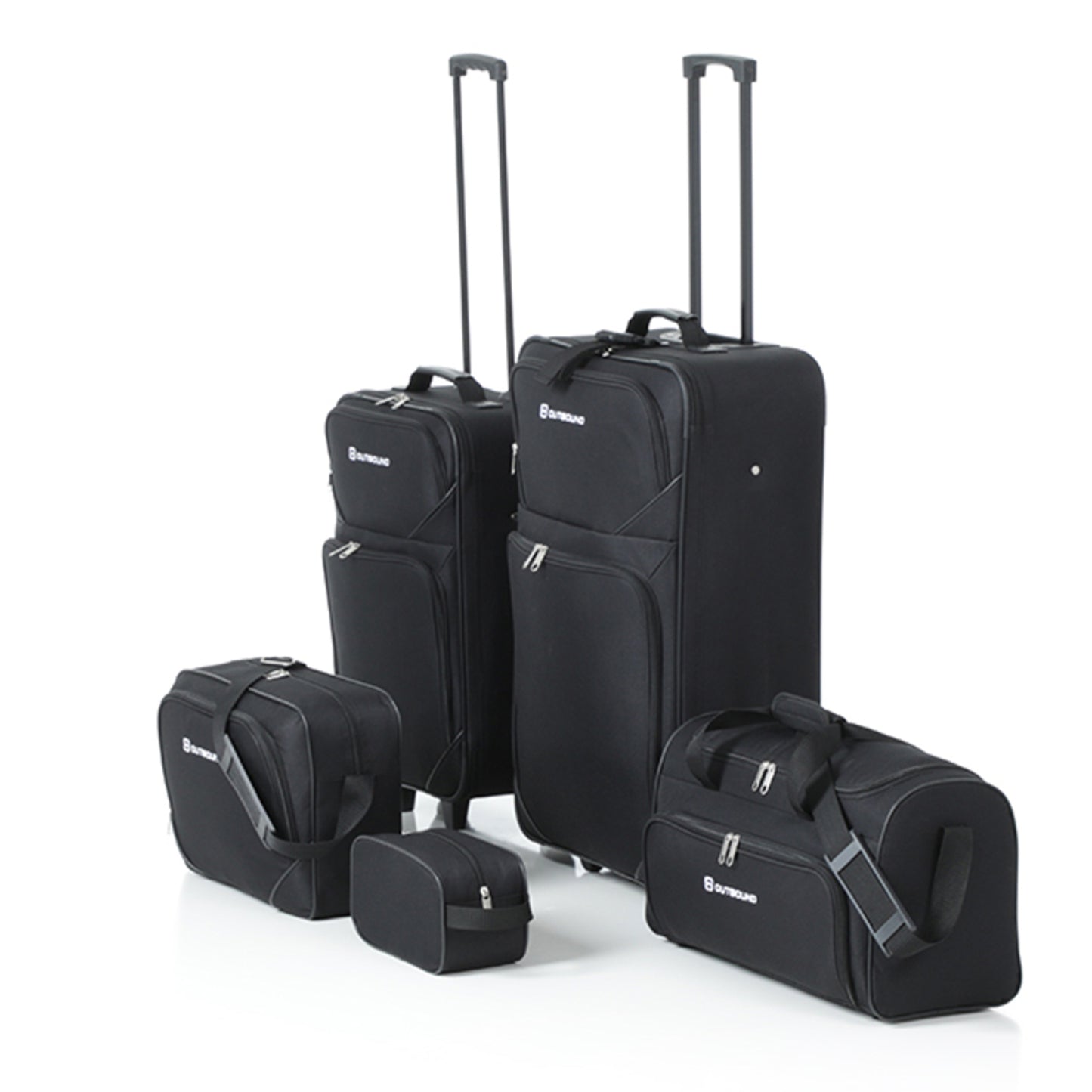 OUTBOUND 5-Piece Softside Wheeled Travel Luggage Set, Includes 26" & 21" Upright Suitcases, Duffel Bag, Boarding Tote & Toiletry Kit - Black - DIY Store