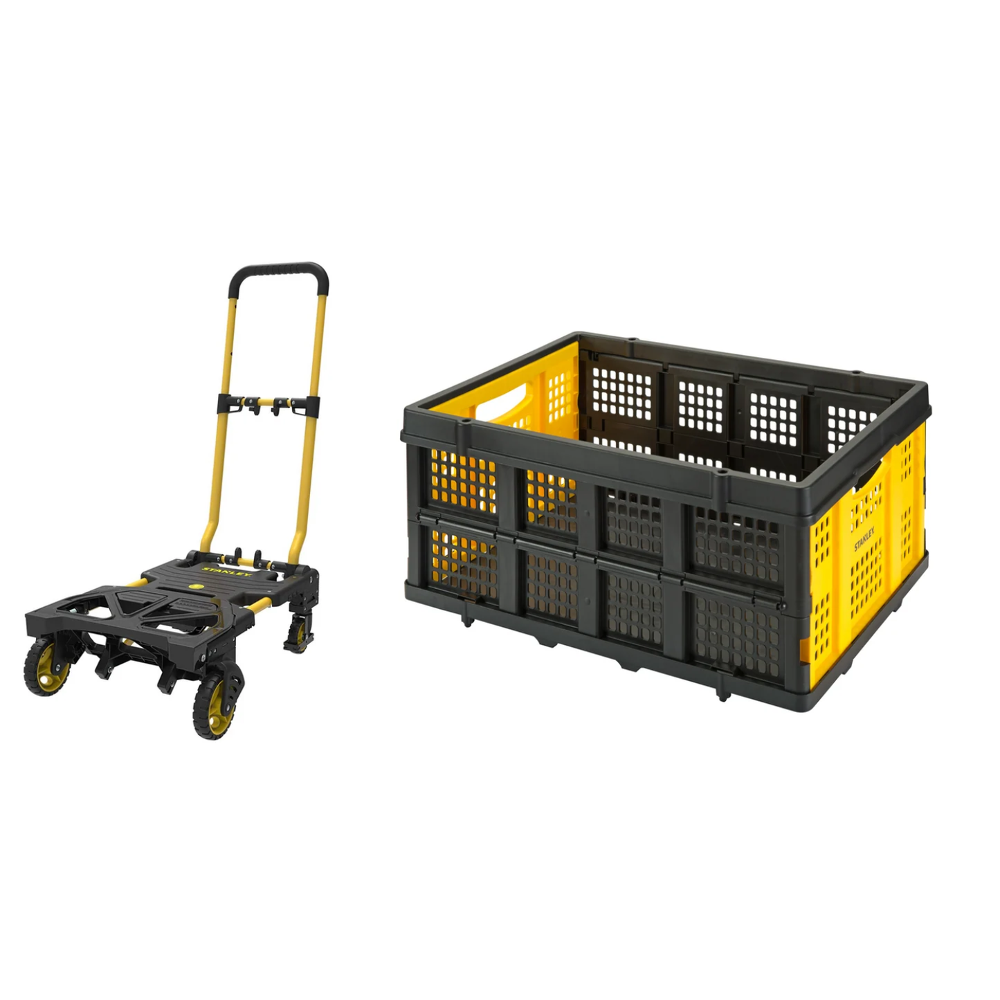 STANLEY folding hand truck and utility cart with folding basket, compact and lightweight design for easy storage.
